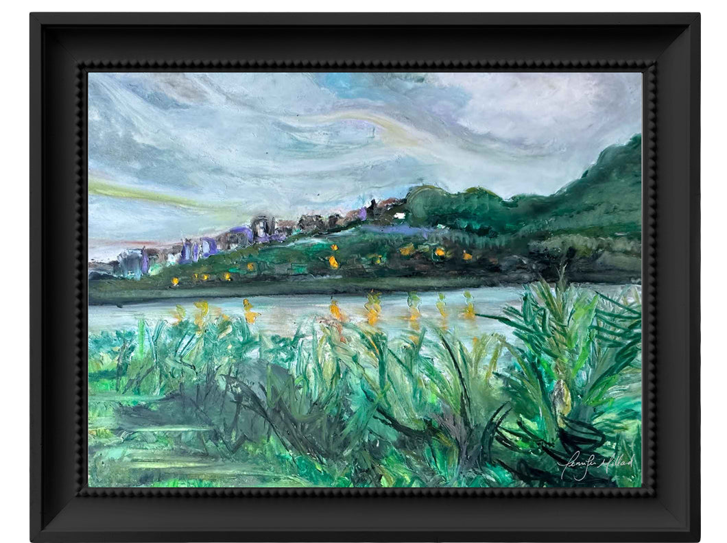 A black frame around this giclee print of a view of the Ohio River