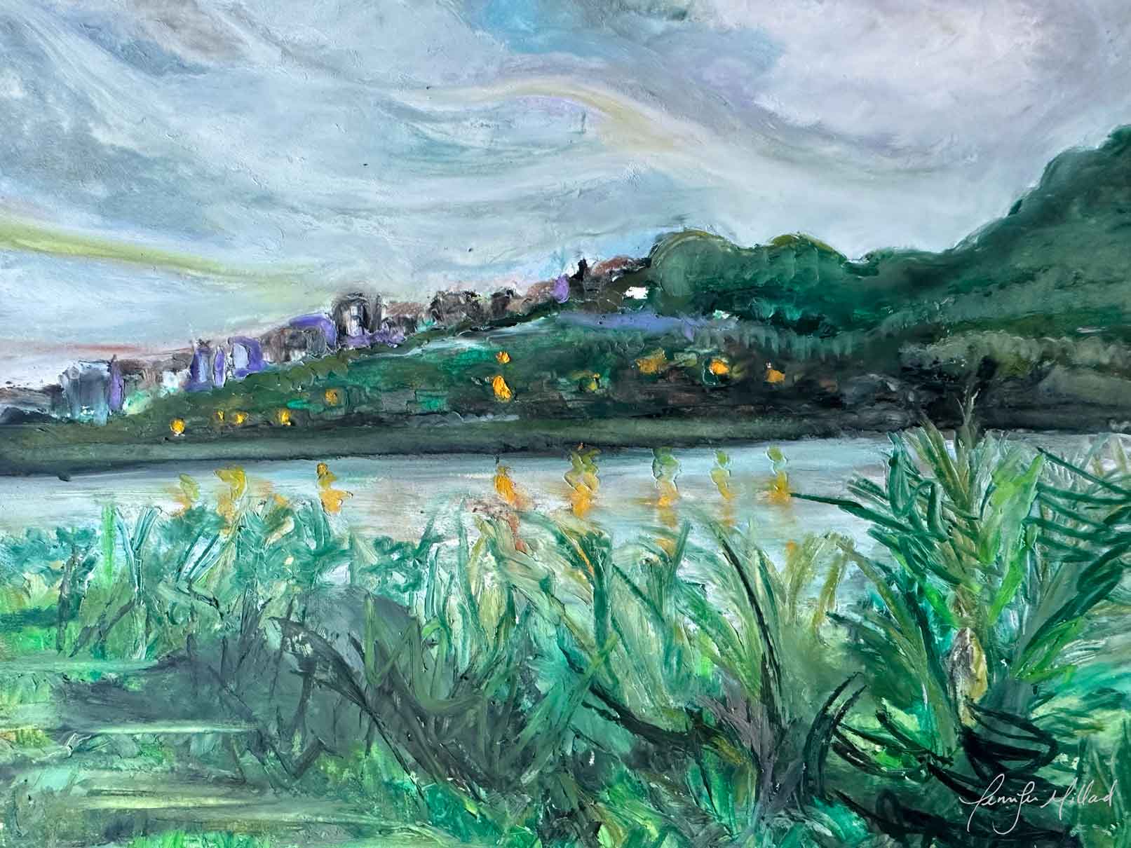 A fine art print of an oil pastel overlooking the Ohio River towards Mount Adams 