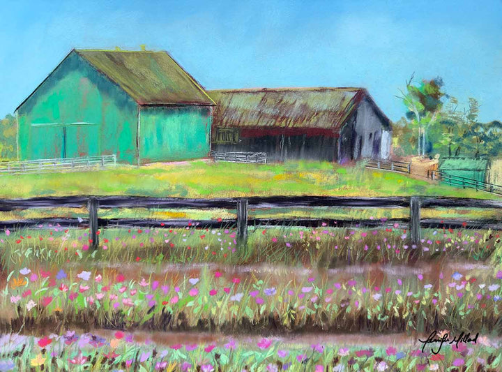 A giclee print of a colorful soft pastel painting of Arcadia Farm in Kentucky by Jennifer Millard.