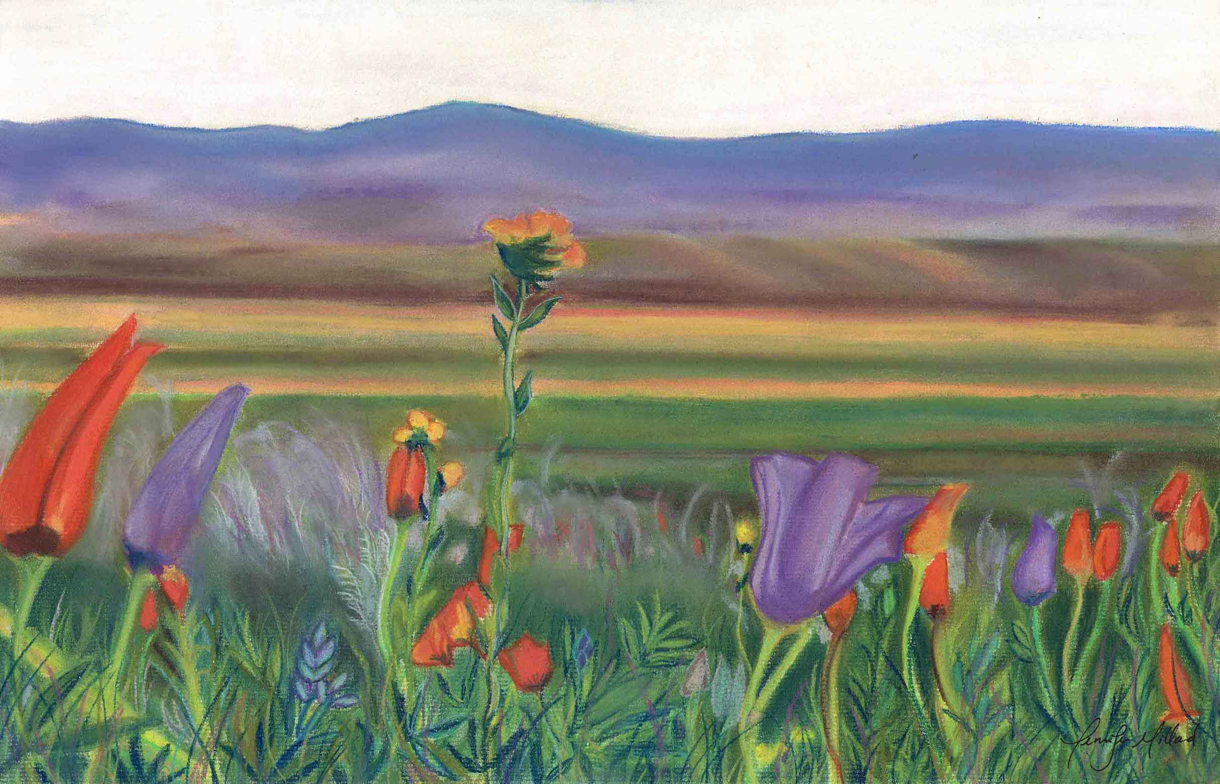 A giclee print of brightly colored orange and purple poppies in the desert