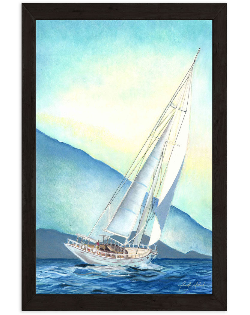 A photo of the sailboat giclee print in a black frame.