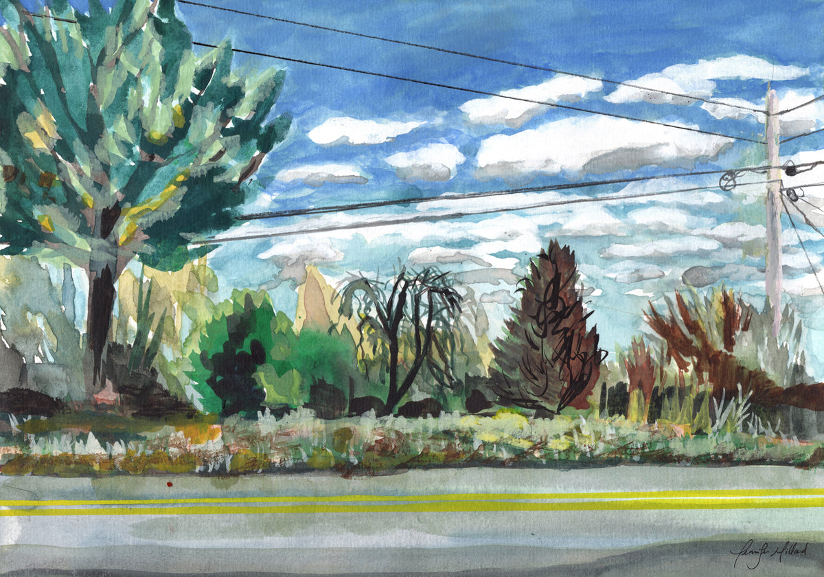 A giclee print of this colorful watercolor of a view from a backroad in rural Kentucky