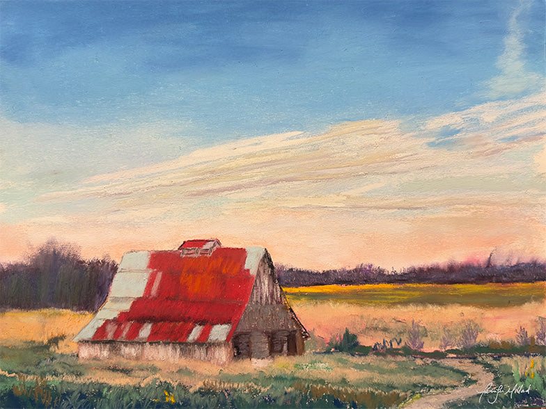 This soft pastel painting depicts the old family barn on the property of Battlefield Park in Richmond, Kentucky.