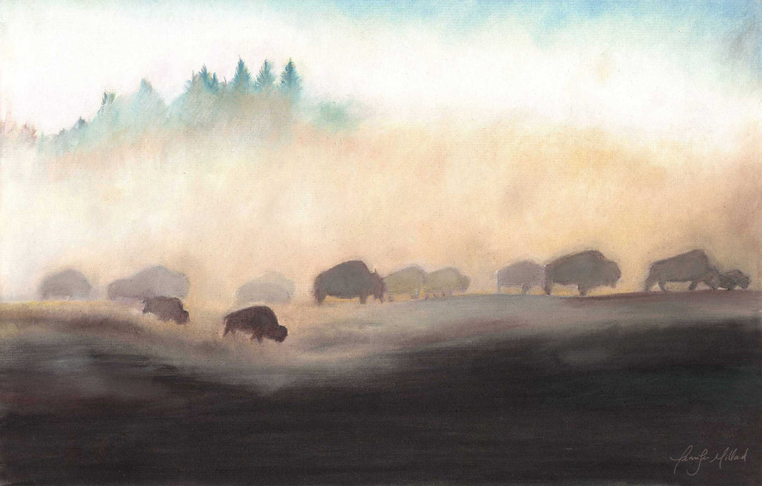 A giclee print of a bison herd in dusty landscape, moving along together.