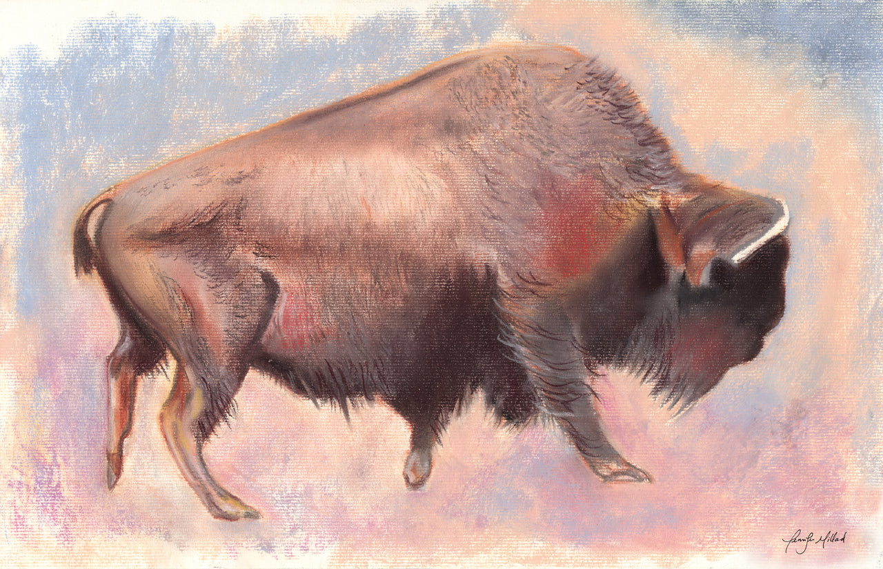 This fine art print of a soft pastel painting depicts the side view of an ancient bison.