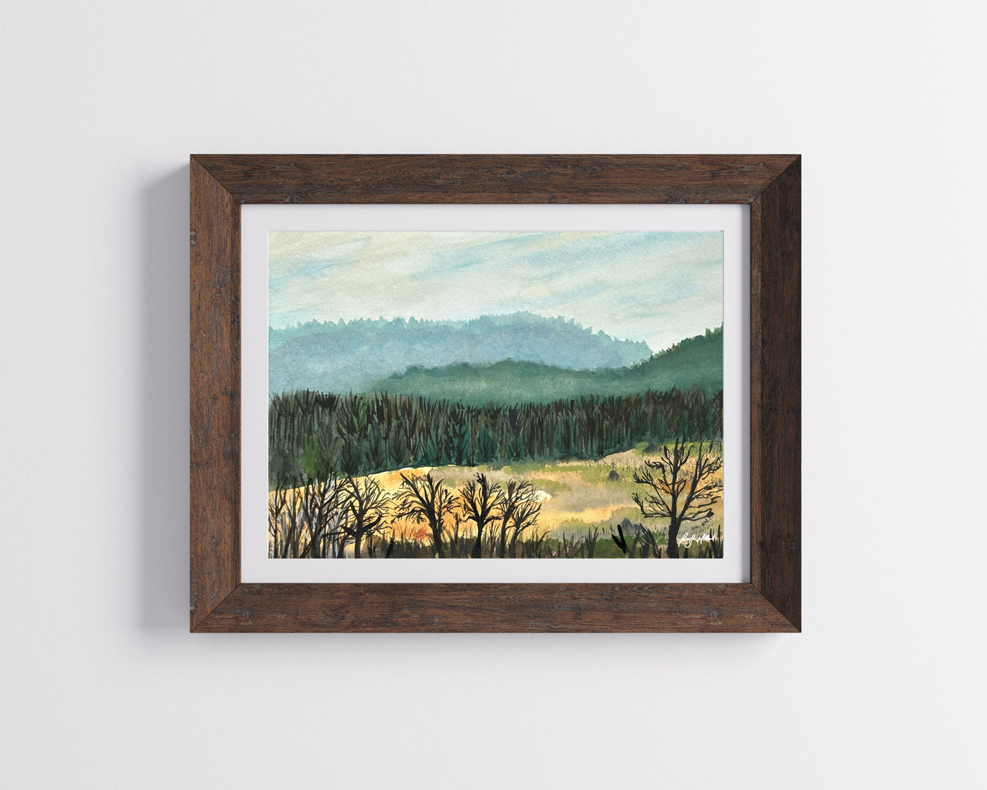 Giclee print of a watercolor of the Appalachian forest in Estill County, Kentucky, in a wood frame.