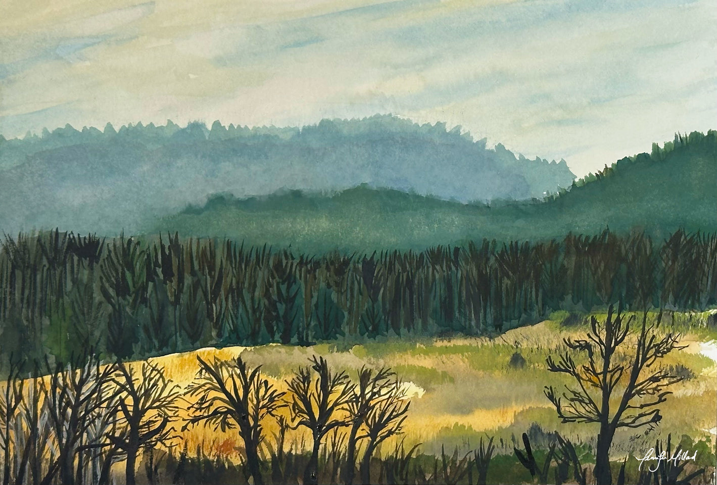 Watercolor of the foothills of eastern Kentucky Appalachian hills. The forests are dark and trees aplenty.