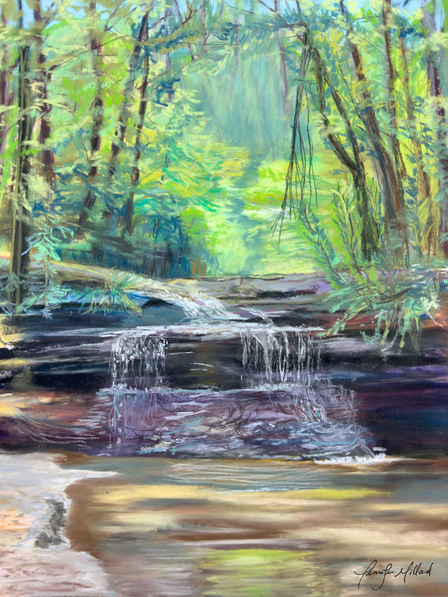 A glowing print of a soft pastel by Jennifer Millard depicting Creation Falls in Red River Gorge in the summer, with lush greens, purples and soft brown sandy tones.