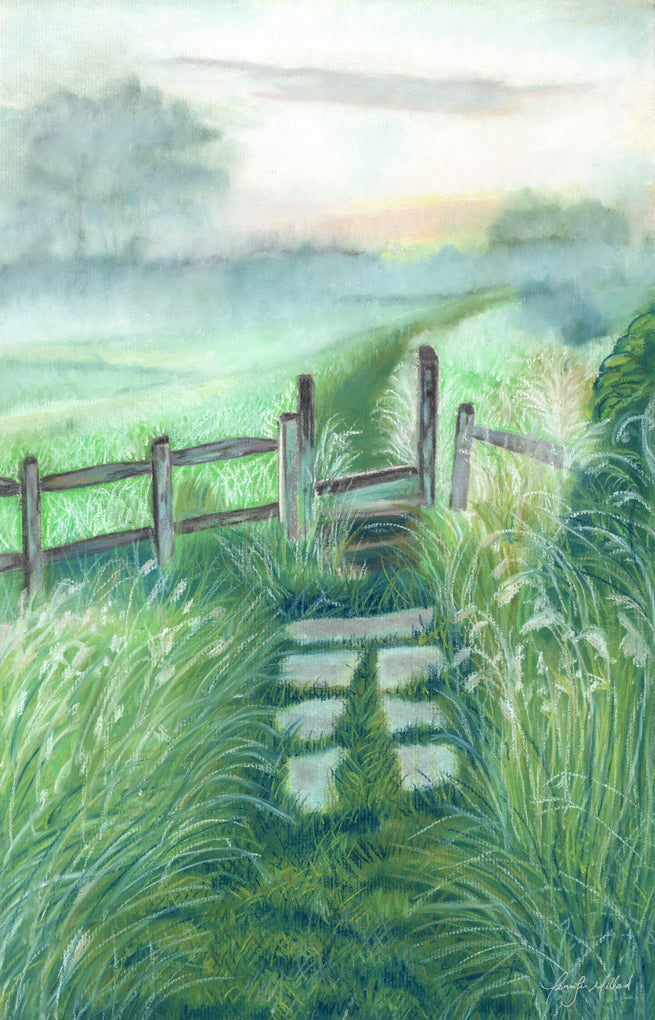 Fine art print of a soft pastel painting of soft greens and early morning fog over a field.