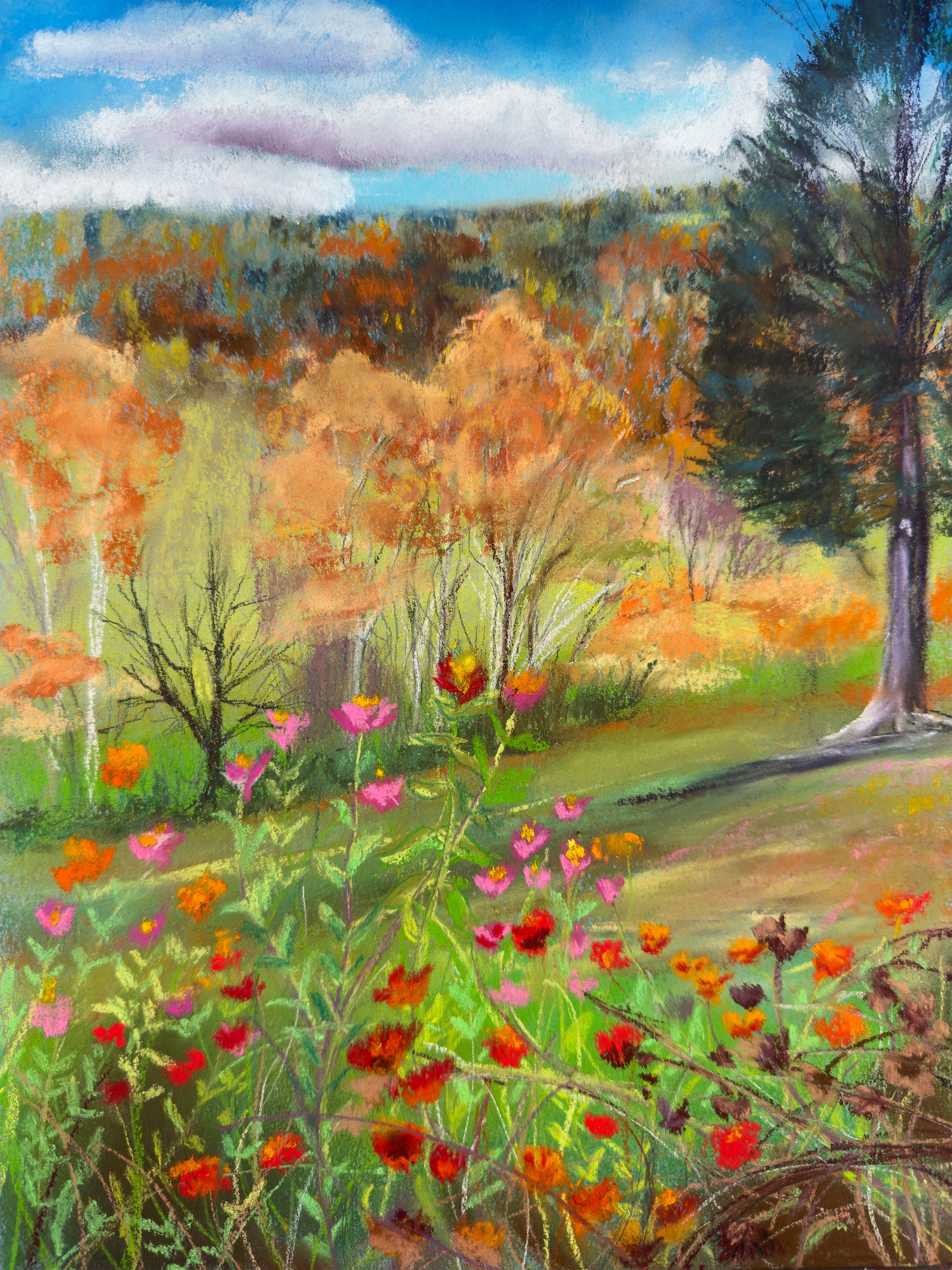 Bright flowers adorn the foot of the colorful Kentucky Appalachia hills in this giclee print by Jennifer Millard.