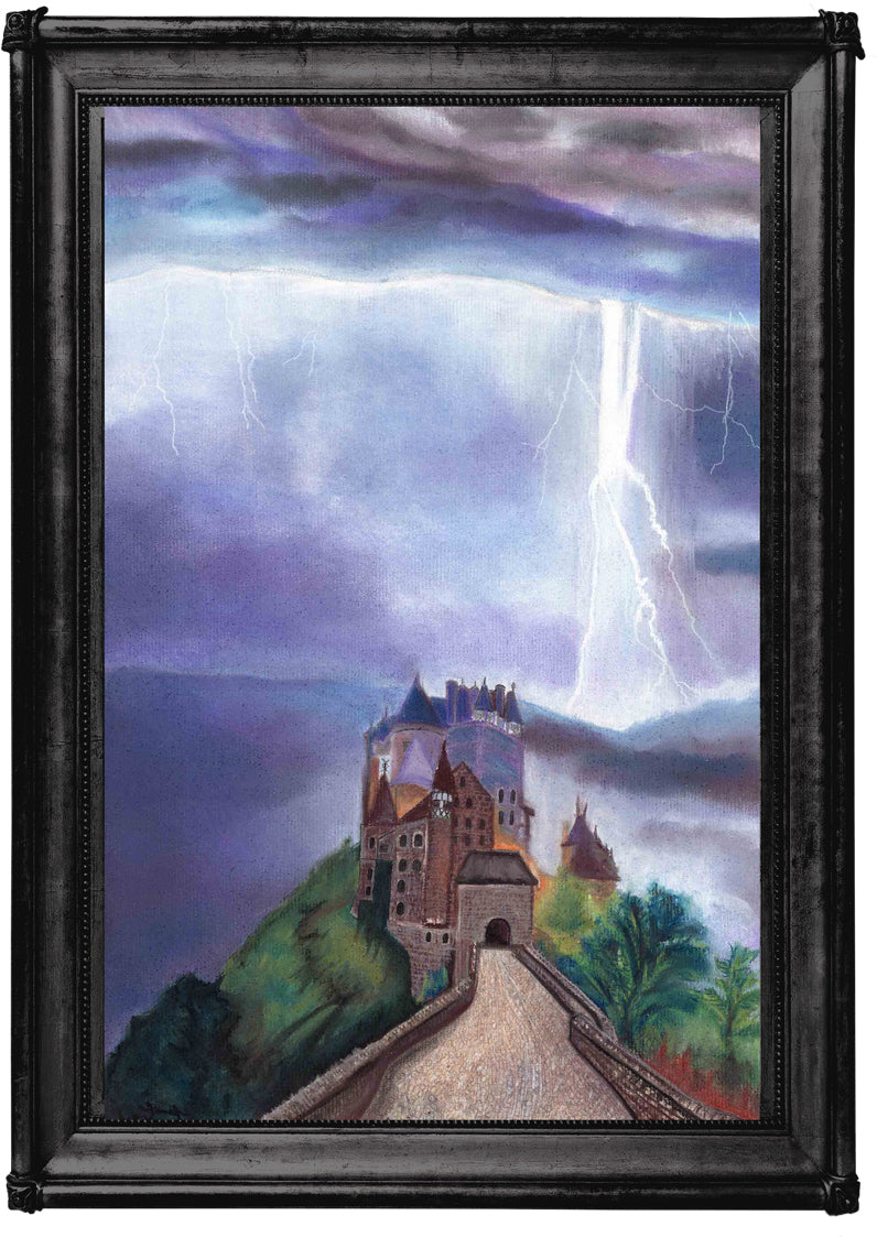 Fine art print of castle during storm in black frame
