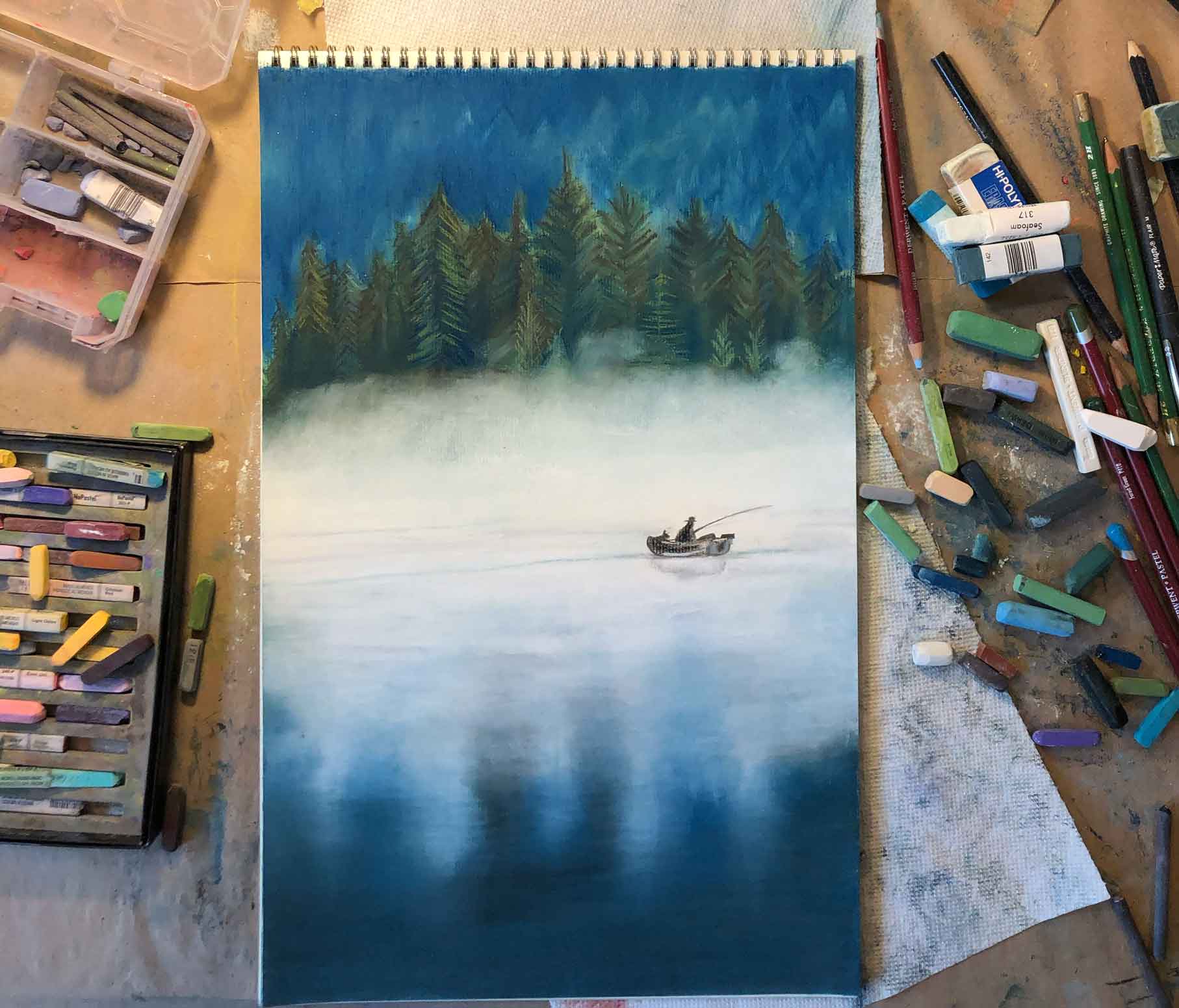 A photo of the fisherman painting in progress with hard pastels