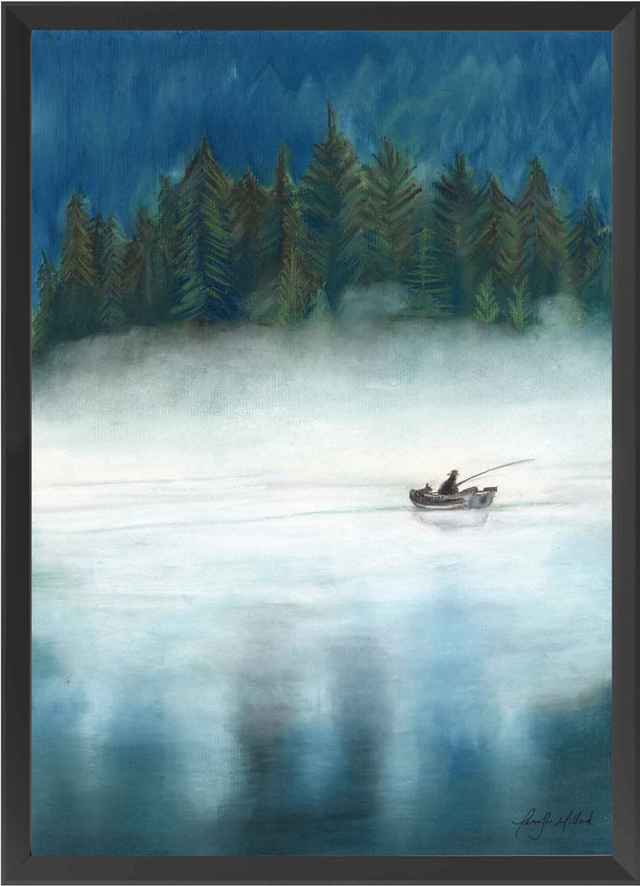 Giclee fine art print of a fisherman and his dog in a boat, fishing over tranquil water