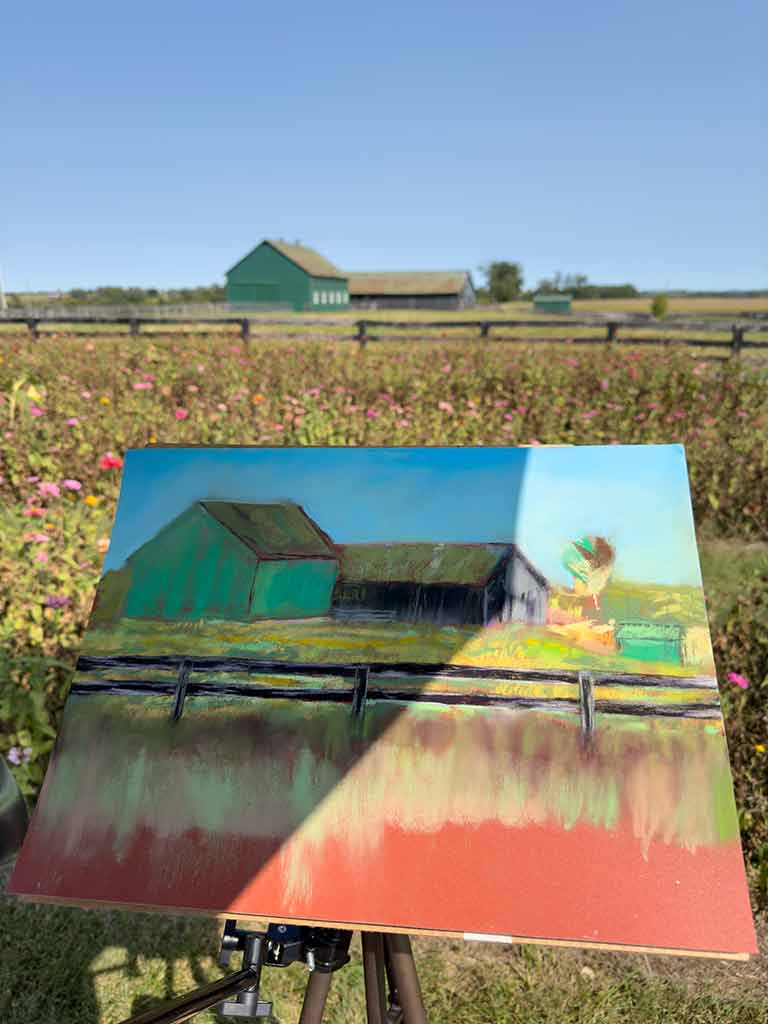 A photo of this piece being painted en plein air at Arcadia Farm.