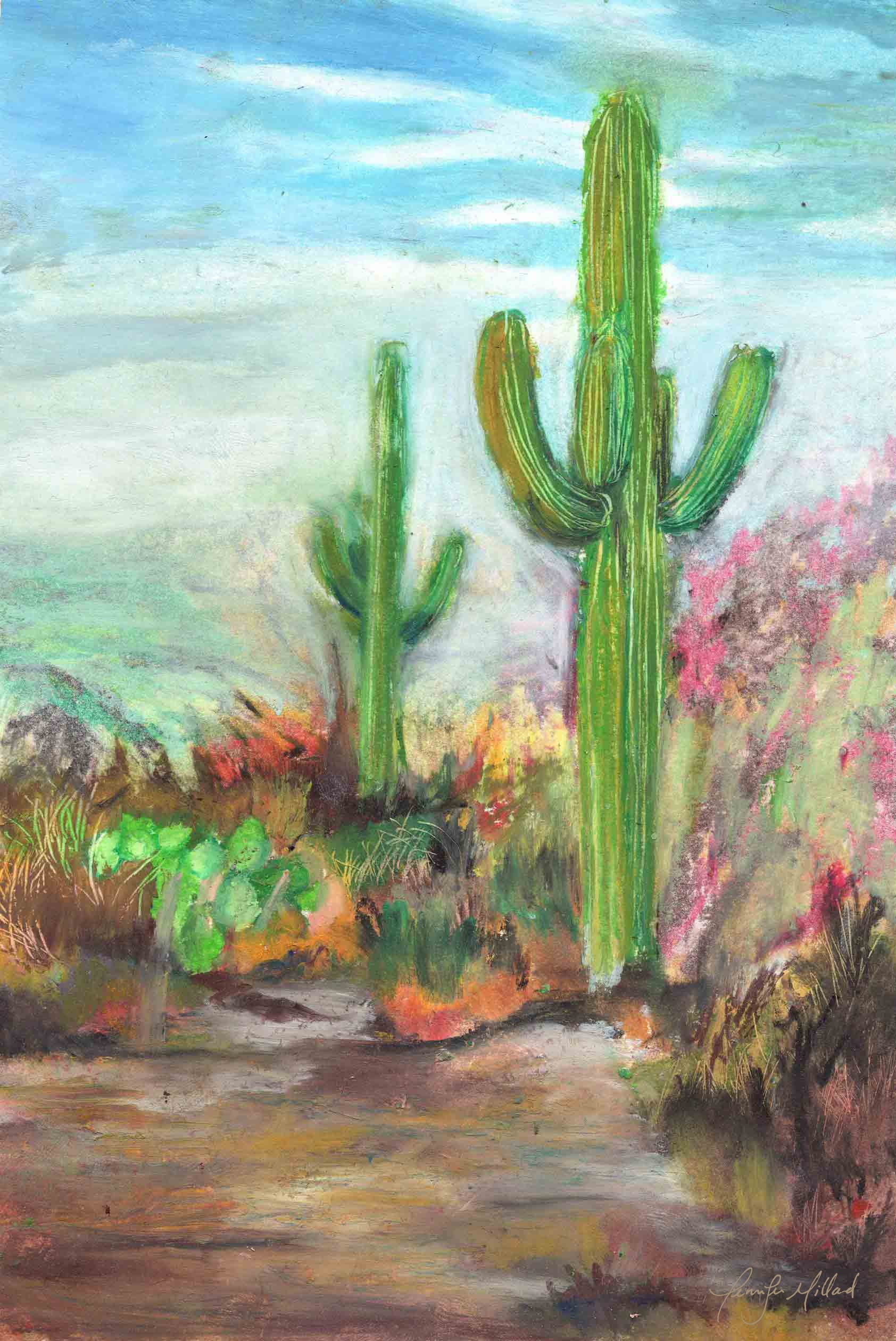 An oil pastel painting's giclee print of cactus in a hot desertscape.