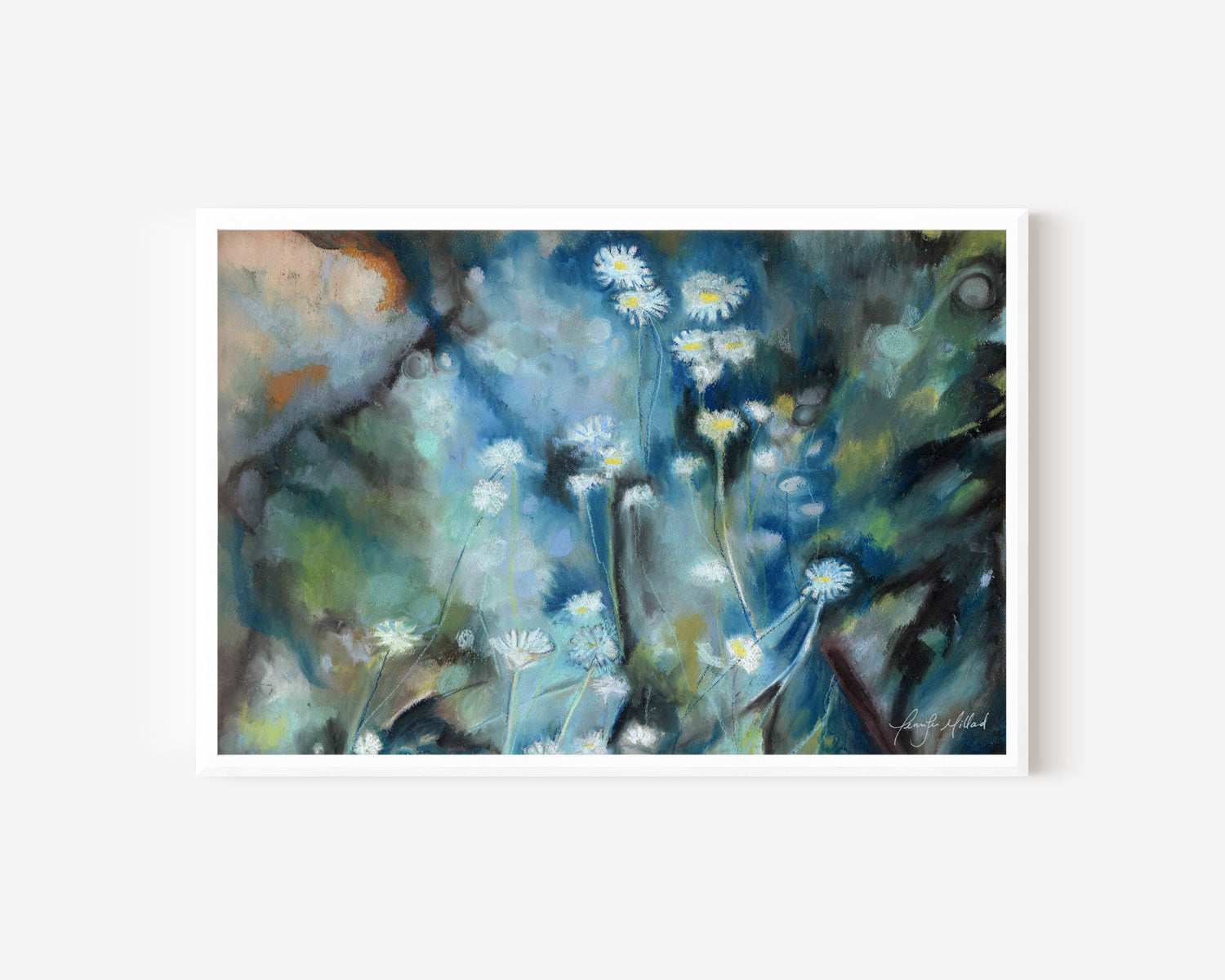 This abstract nocturne floral piece is blues, blacks with a hint of yellow and white asters in a white frame.