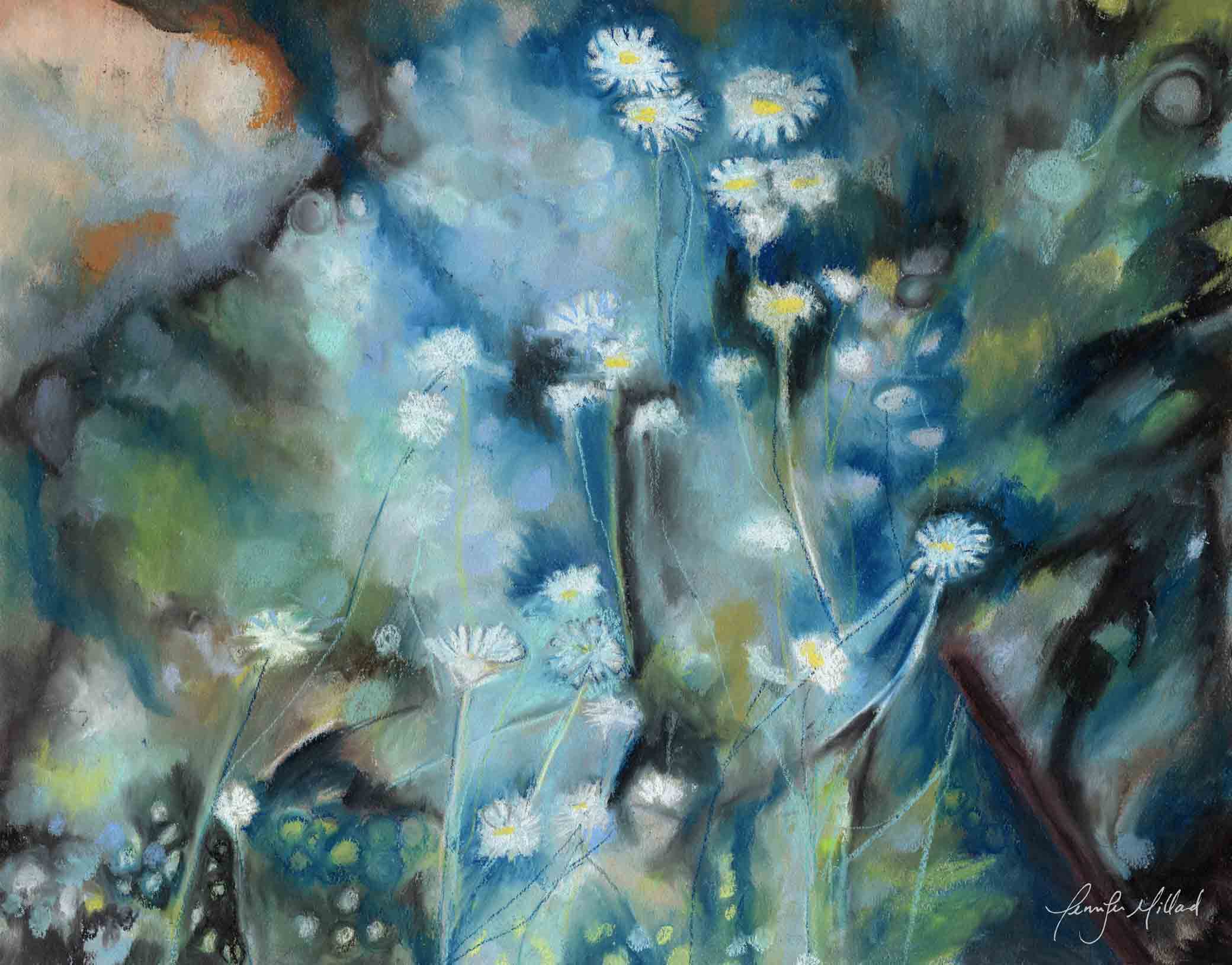 This abstract nocturne floral piece is soft pastel blues, blacks with a hint of yellow and white asters.