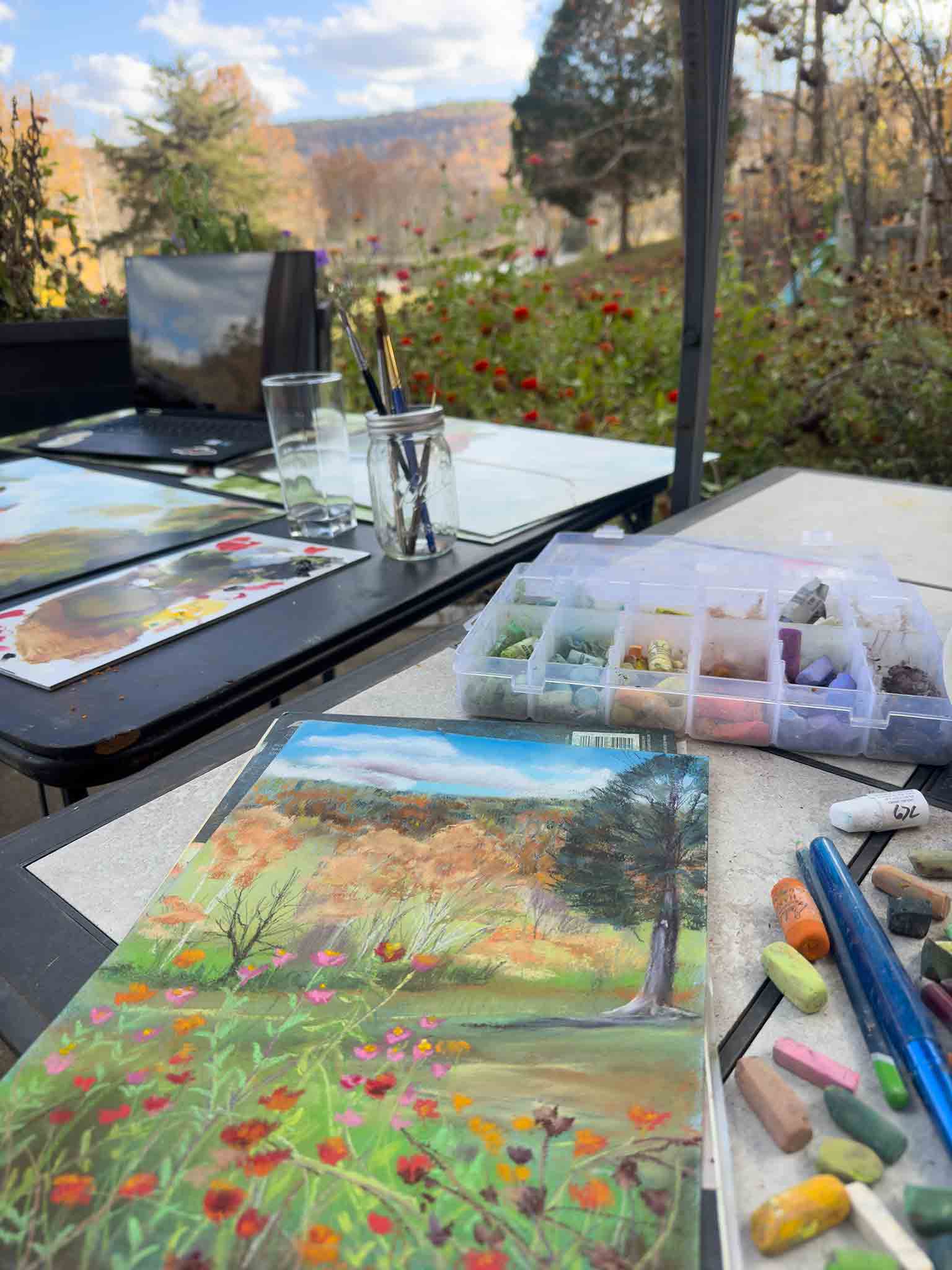 Soft pastel painting of colorful flowers in the early fall in Kentucky.