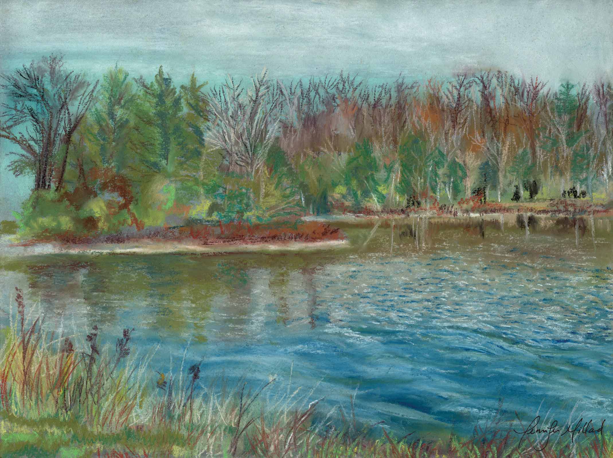 Fall colors at Lake Reba painted using soft pastels.