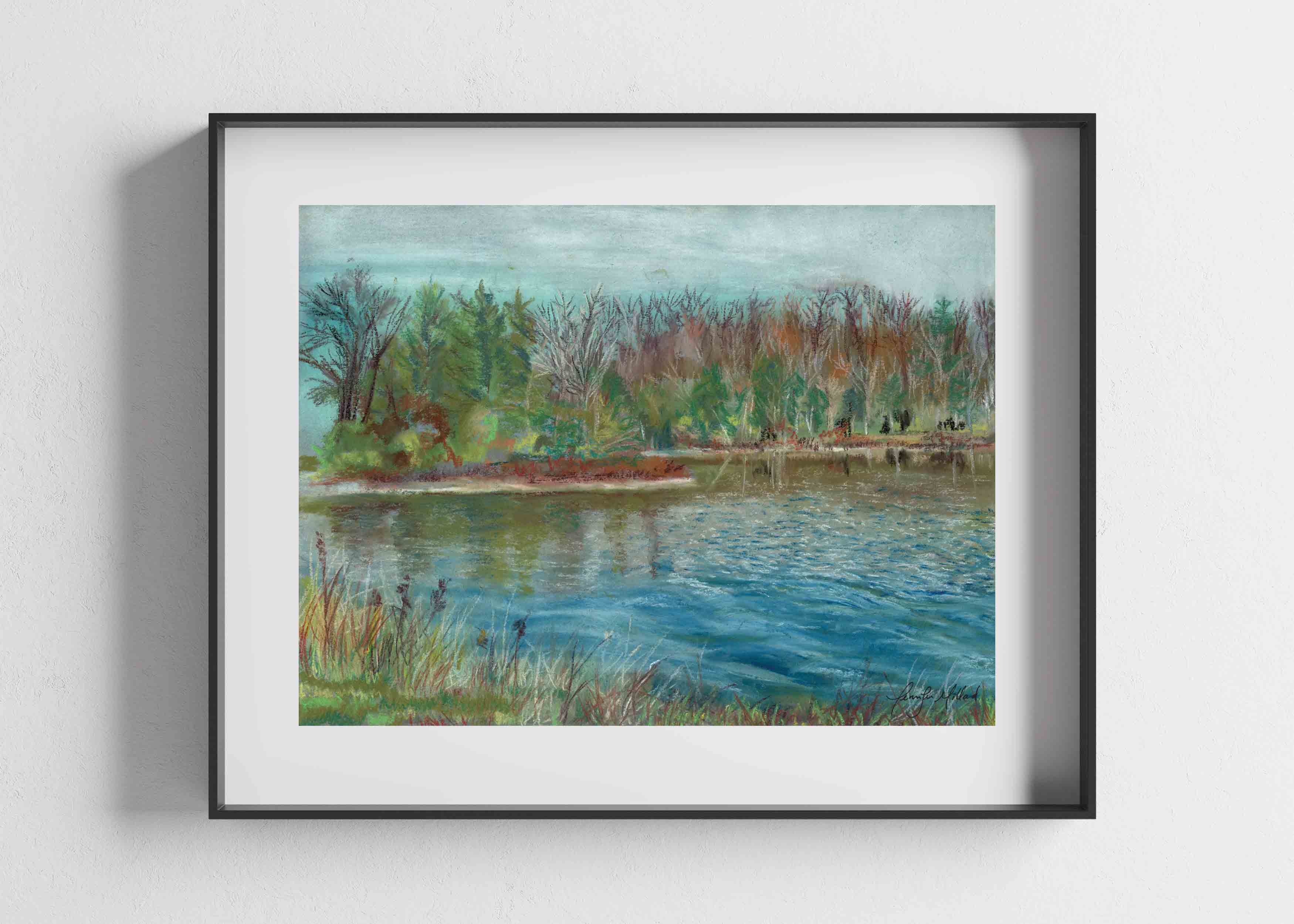 A soft pastel painted en plein air of Lake Reba near Richmond, Kentucky in a black frame with a white mat.