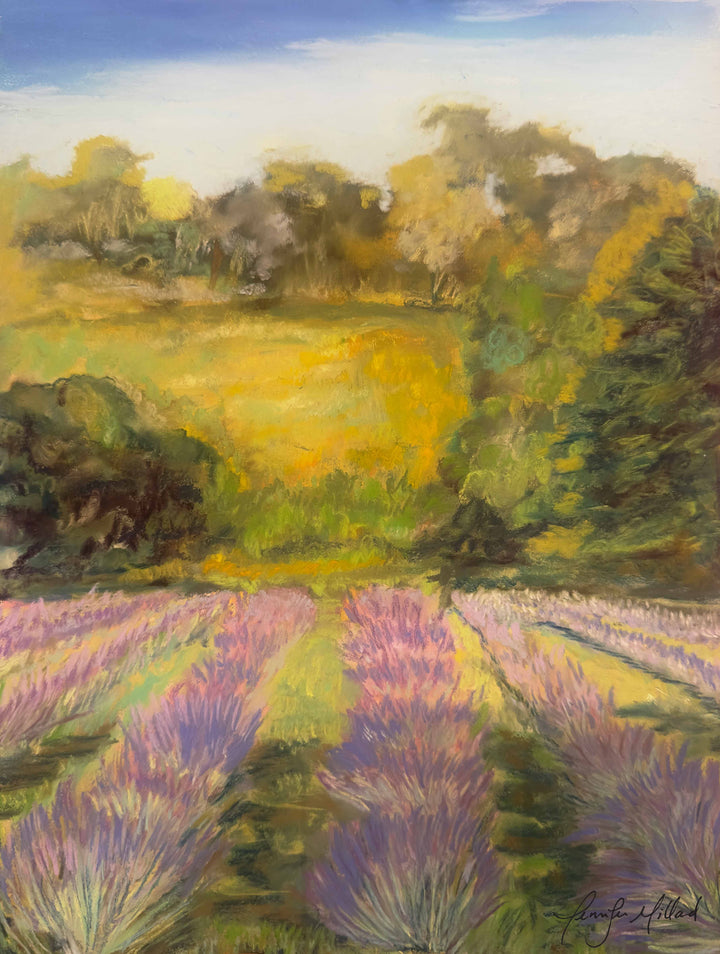 A soft pastel of a lavender farm with golds, greens and of course, lavender purples.