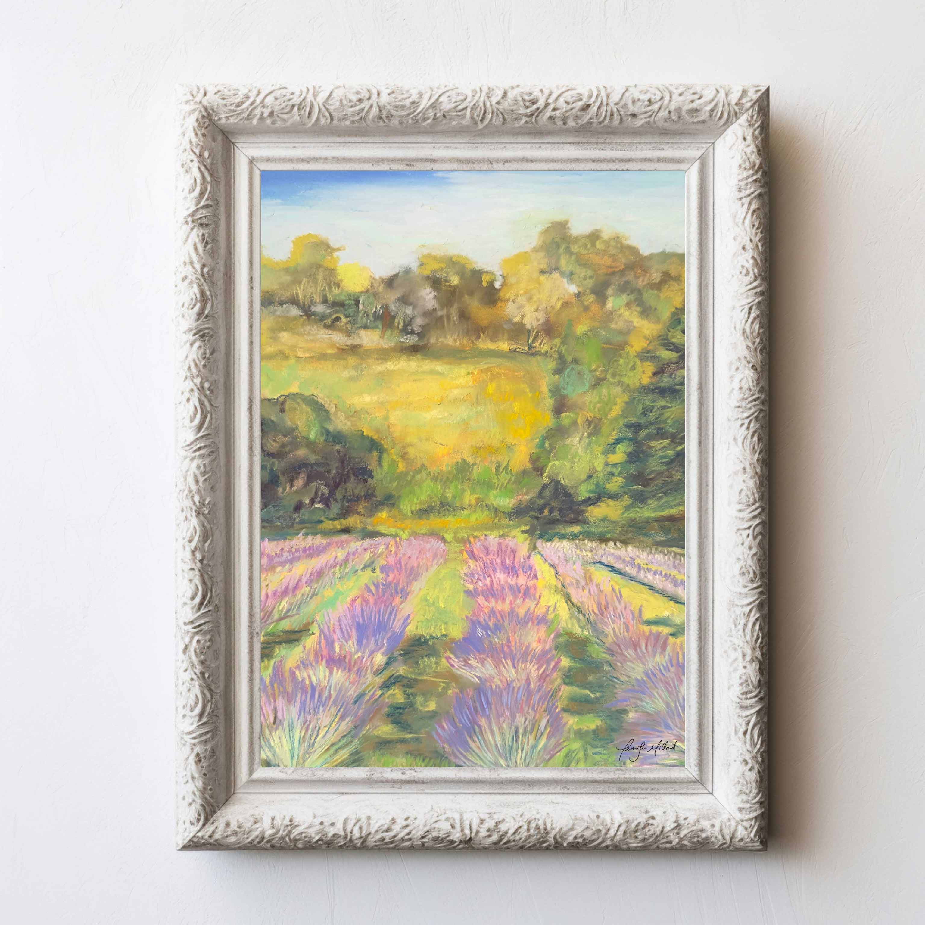 The lavender farm painting in a white frame.