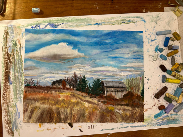 Lily Mountain Nature Preserve's barns are depicted in this oil pastel painting that is in progress.