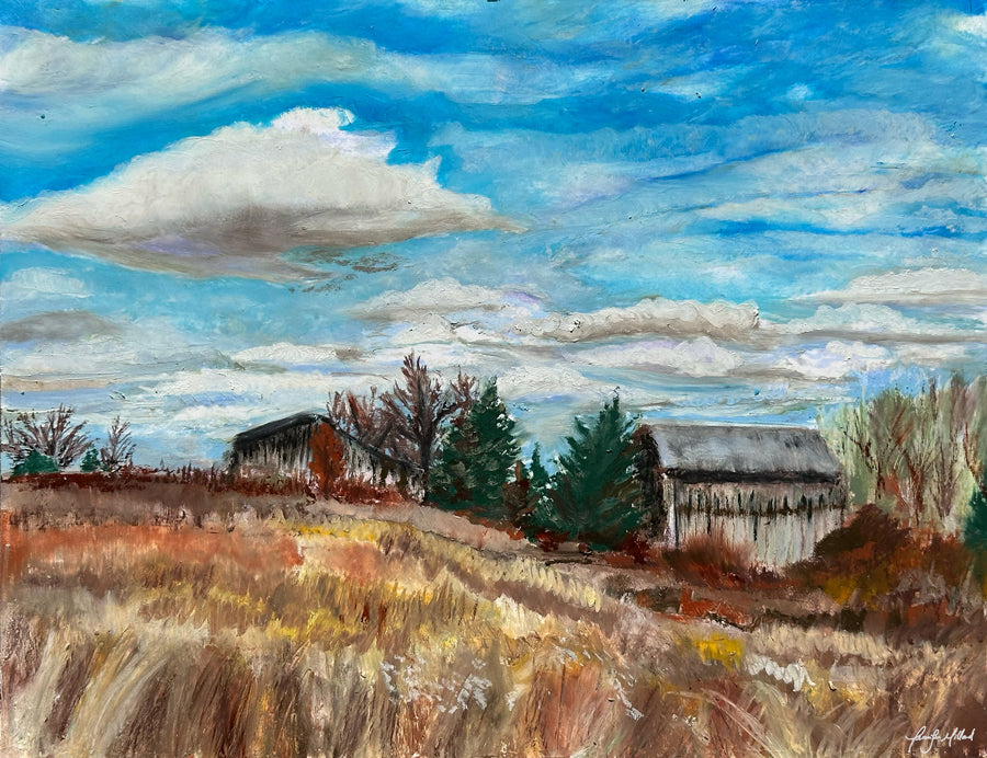 Oil pastel painting of Lily Mountain Nature Preserve's barns and fields in the winter in Kentucky.