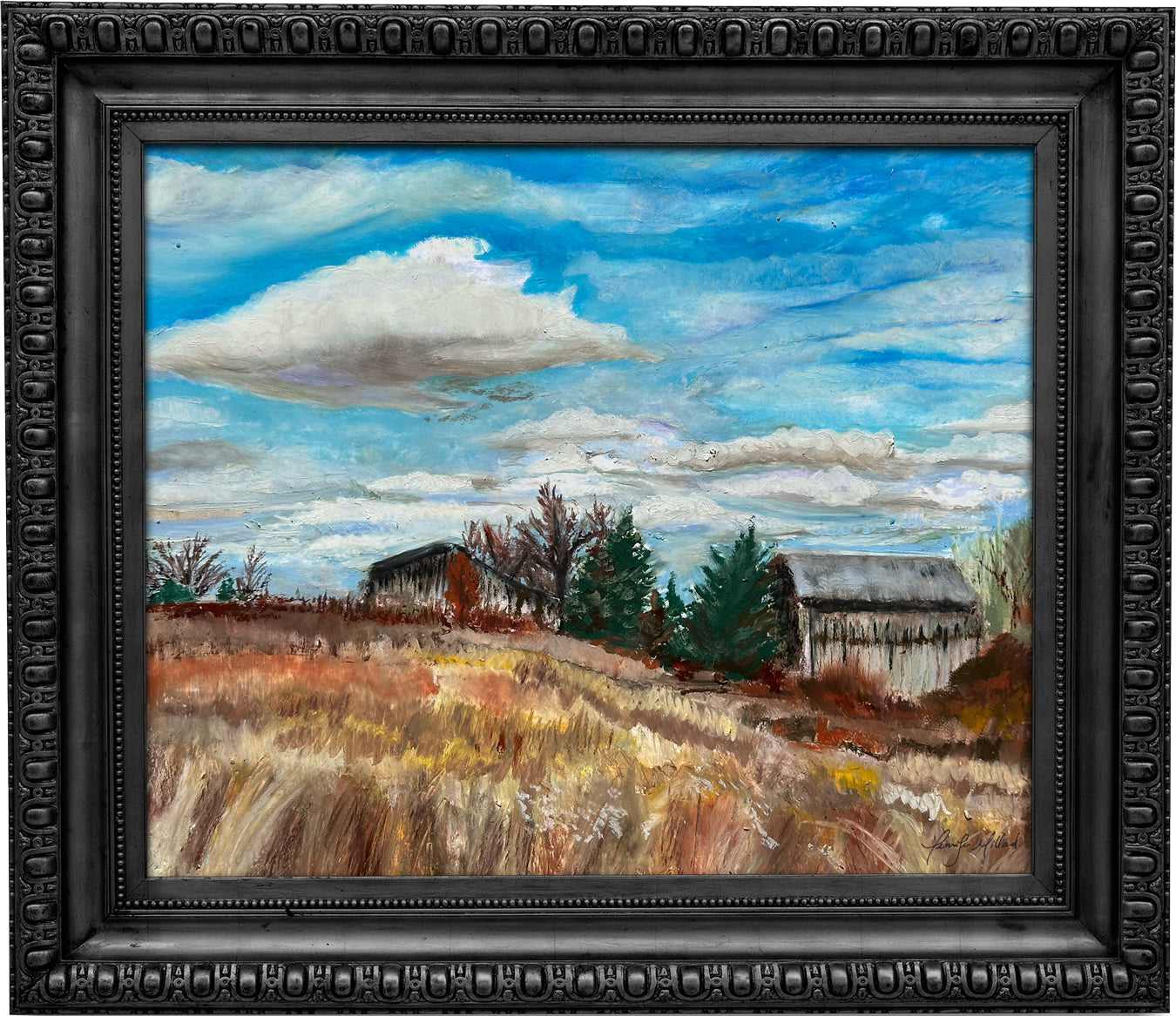 Lily Mountain Nature Preserve's barns and fields painting are seen in this giclee print set in a black frame.