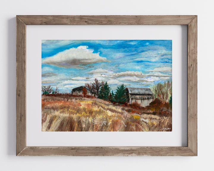 Lily Mountain Nature Preserve's barns are depicted in this oil pastel print in a wood frame with a white mat.