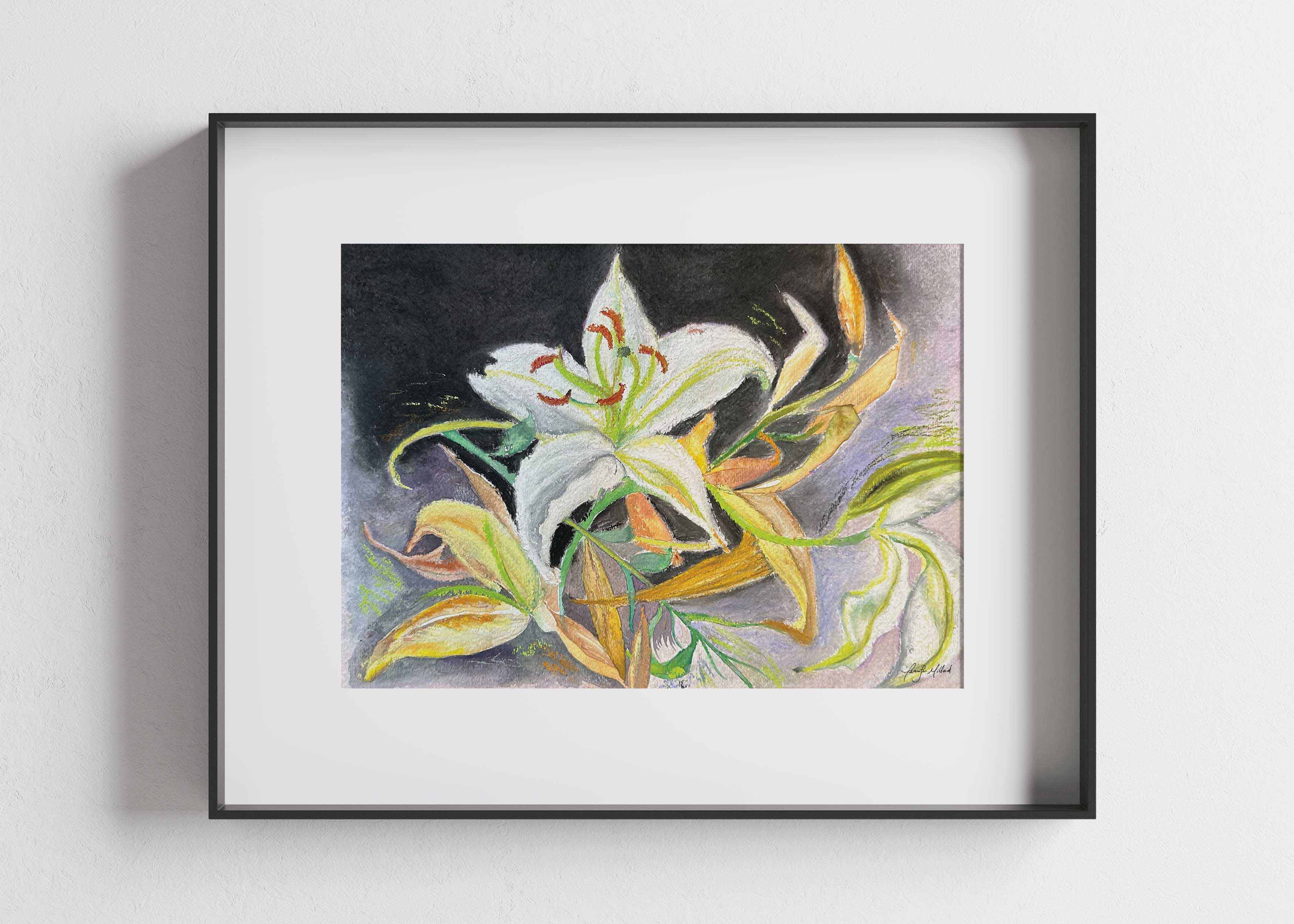 Lily giclee art print framed in a black frame with white mat.