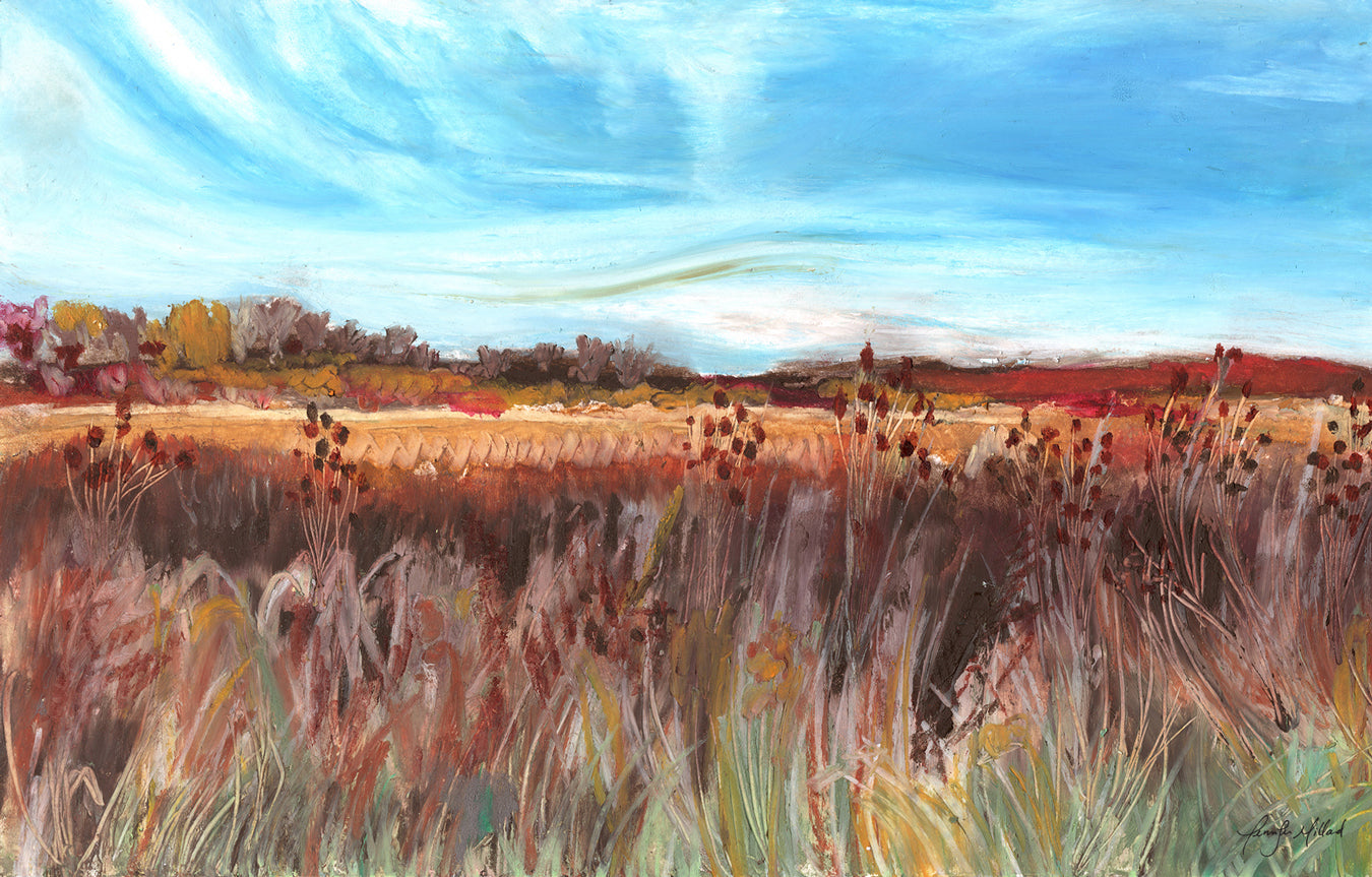 Giclee print of an oil pastel of a field turning brown and gold at the end of summer.