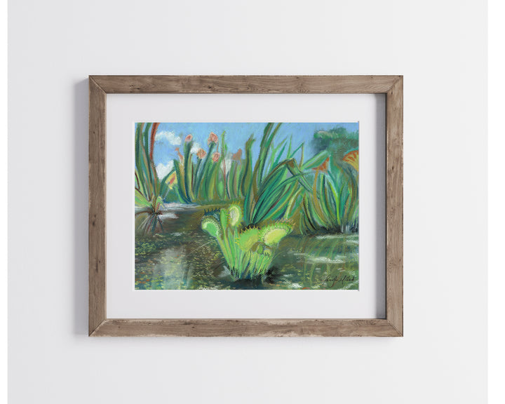 A soft pastel print of a swampy fen with a venus fly trap in a wood frame with a white mat.