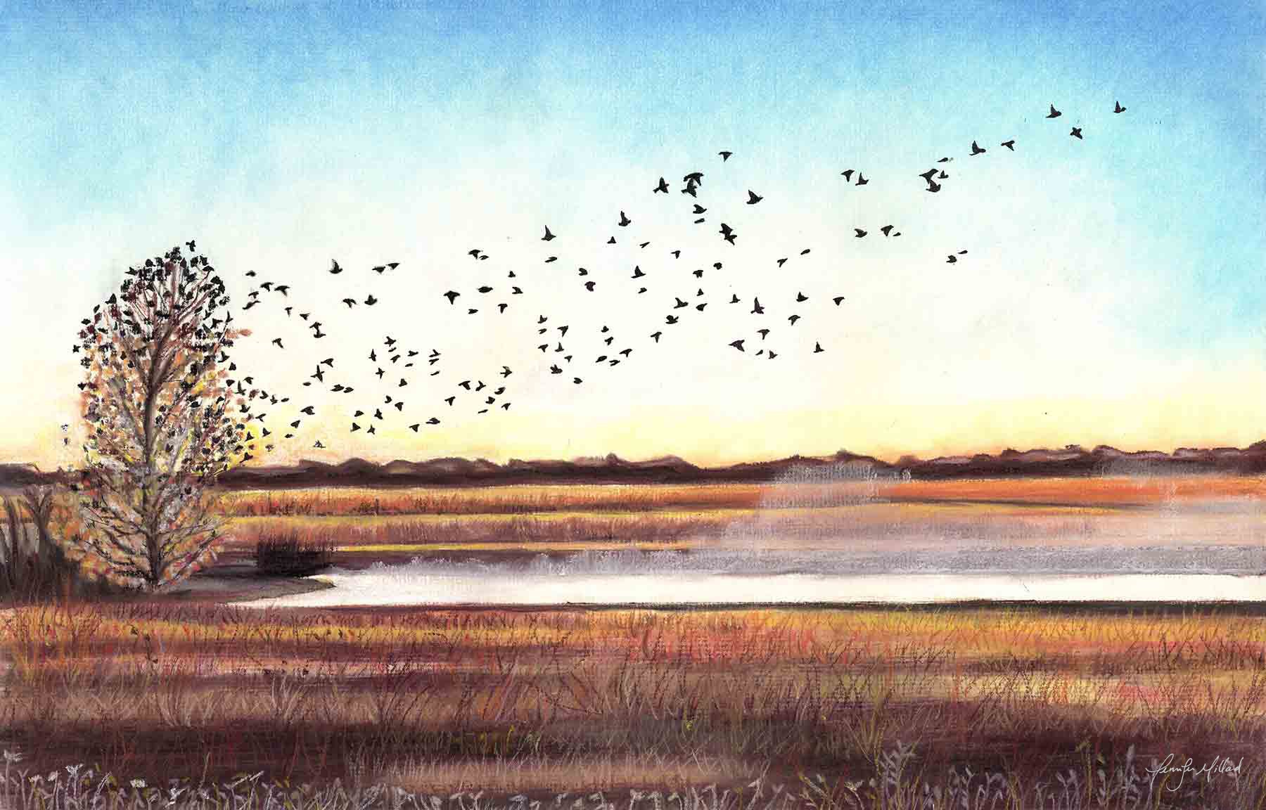 Soft pastel painting of birds rising from a tree early in the morning before sunrise by  artist Jennifer Millard.