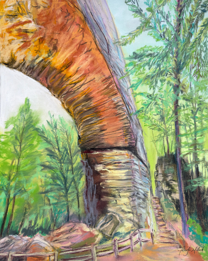 This soft pastel of Natural Bridge and Fat Man's Squeeze depicts a glowing underside of the bridge and the entryway to Fat Man's Squeeze.