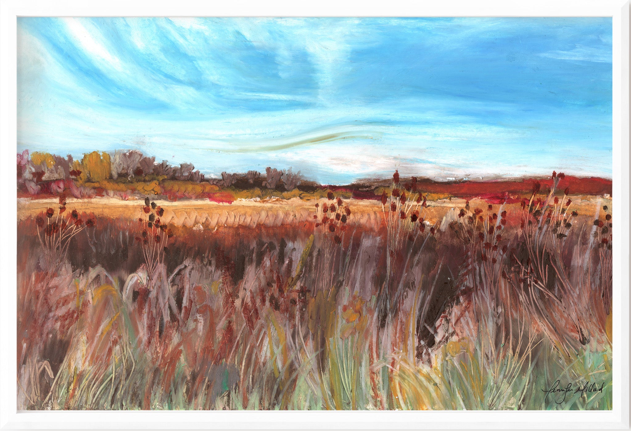 A white frame hold this giclee print of colorful meadow at the end of summer.