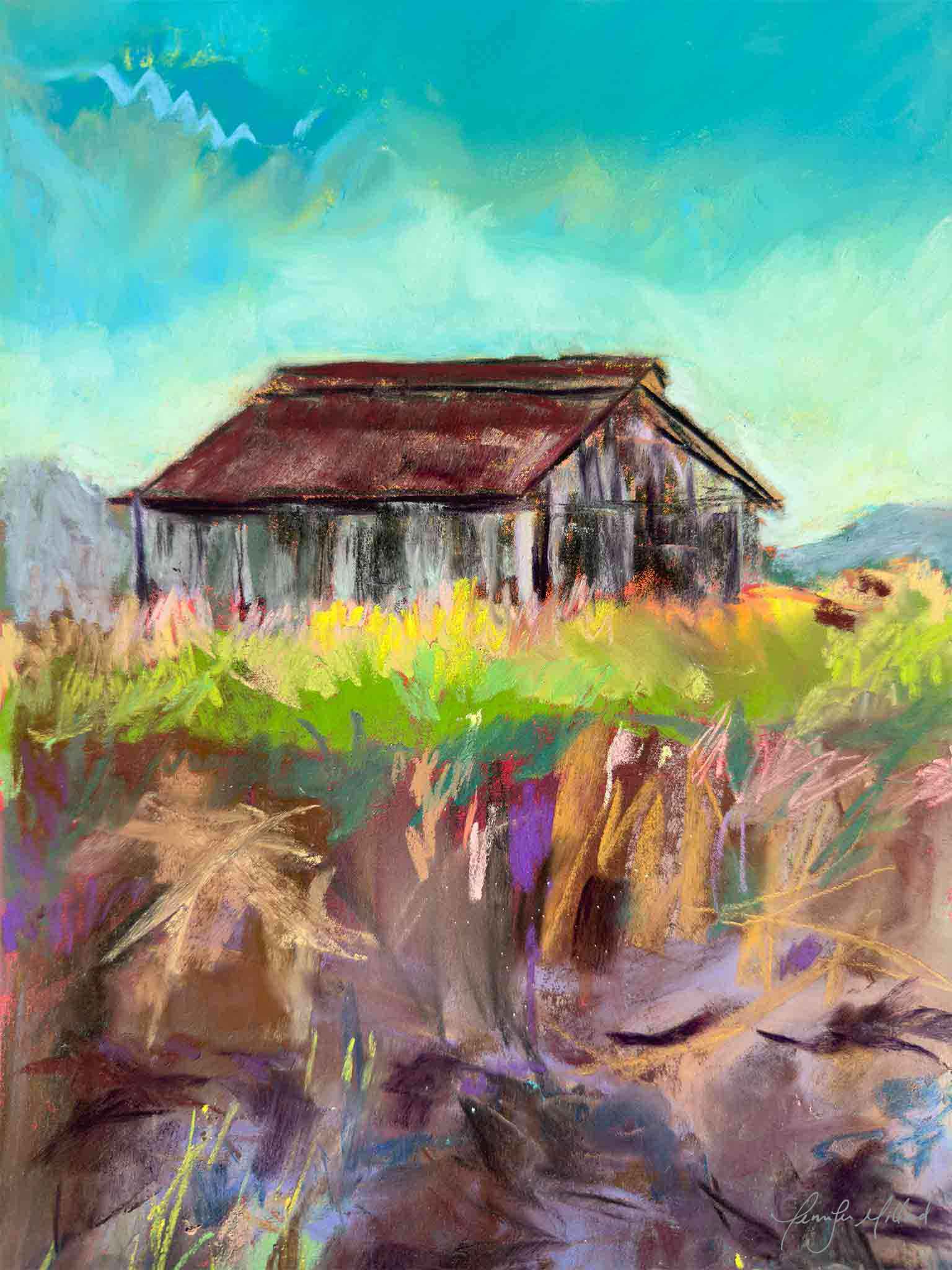 This abstract style barn is very loose and colorful, depicting an old tobacco barn in a late summer field.