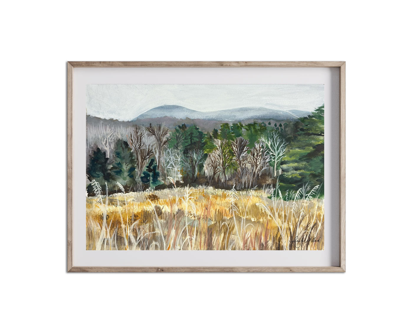 The fine art print of a view of the Pinnacles of Berea in a white mat and wood frame