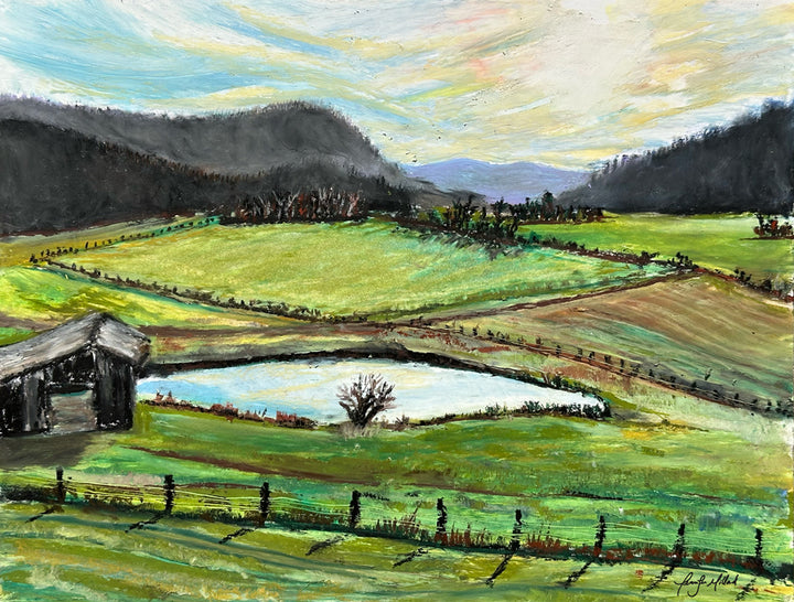 Oil pastel painting print of a view of Red Lick Road in Kentucky with dark hills and green farmland.