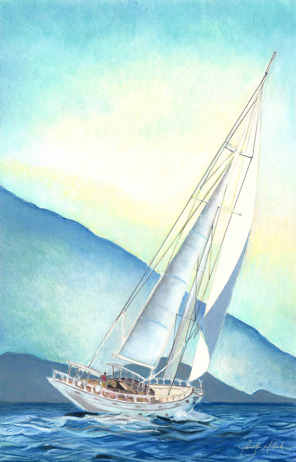 Giclee print of a sailboat in a blue sky, land and sea setting.