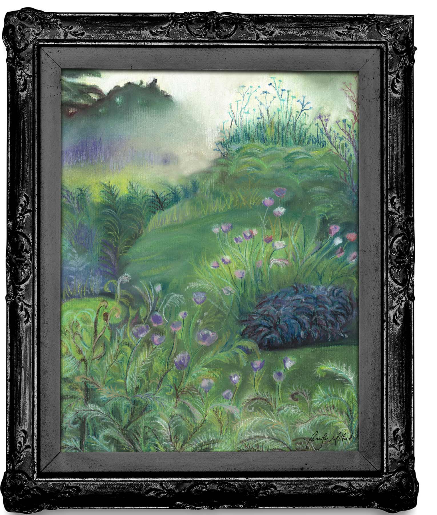 A lush green soft pastel print of garden full of plants and flowers and mist in a black frame.