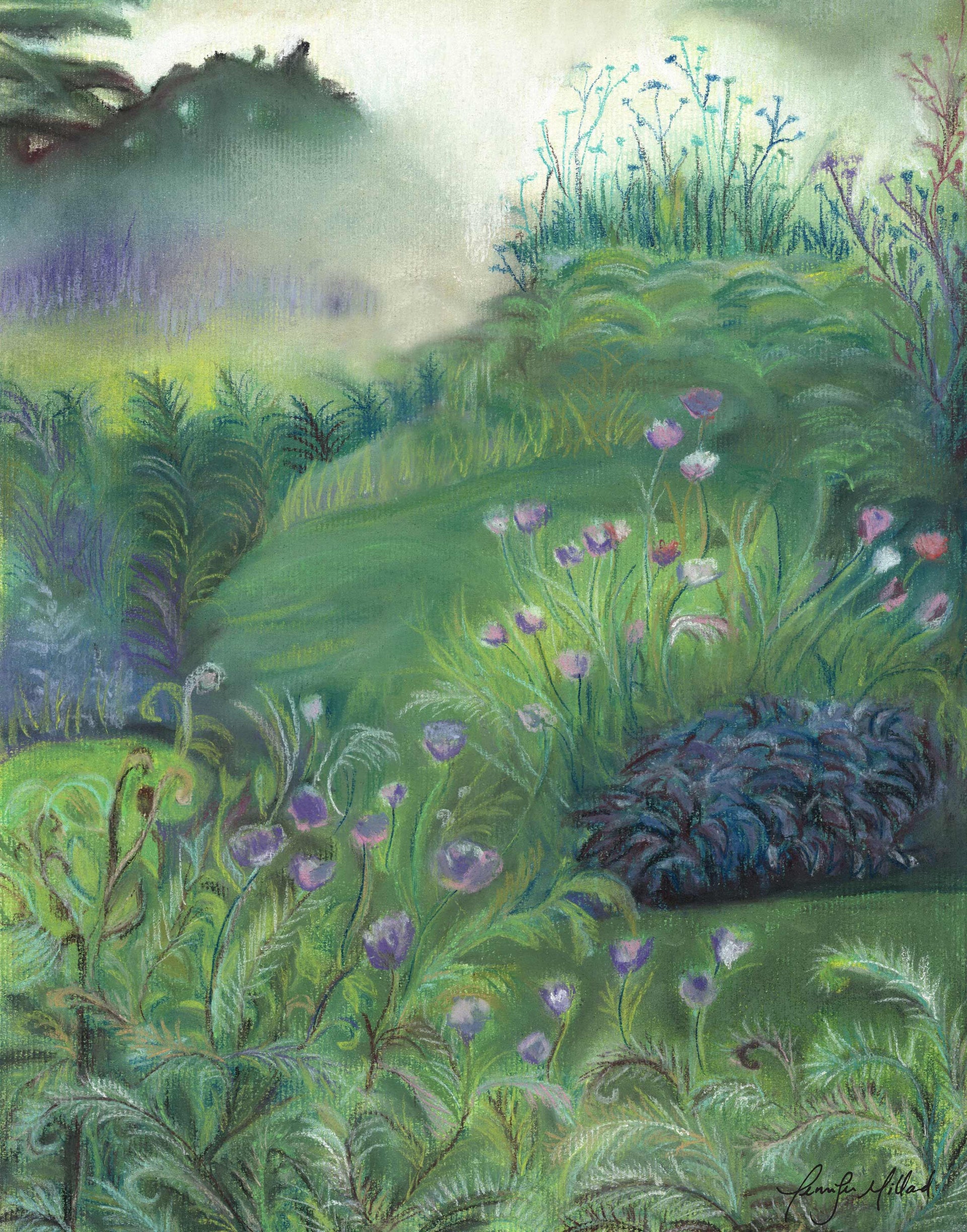 This lush soft pastel print by Jennifer Millard is full of verdant greens with soft purple flowers and rounded hills with mist.