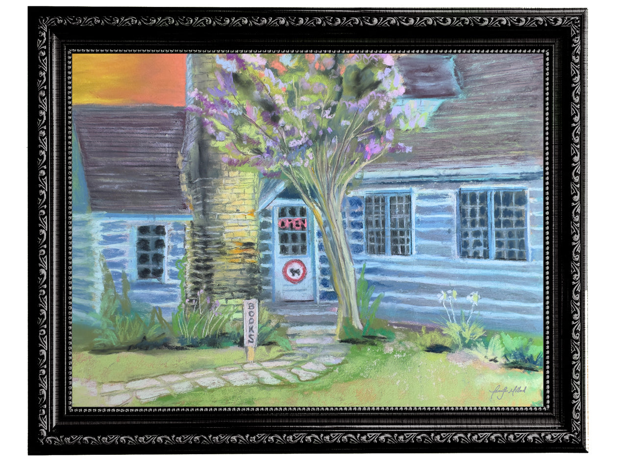 This soft pastel print of an old bookstore in a cottage is displayed in an ornate black frame.