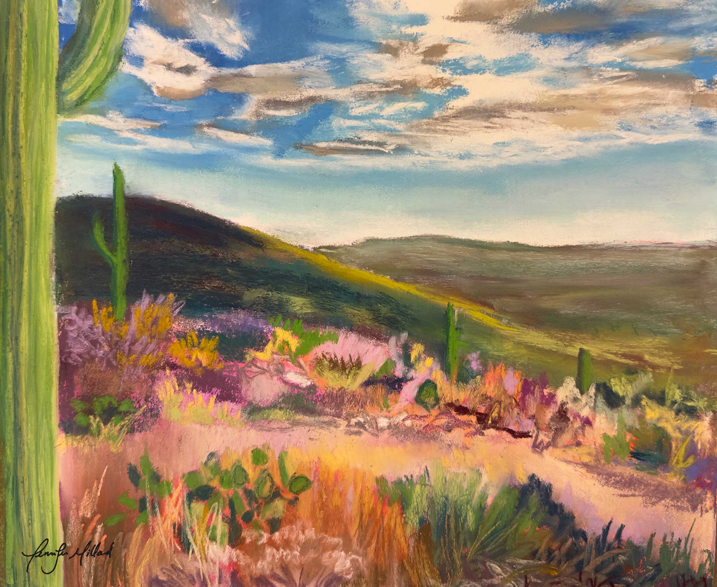 A print of a soft pastel painting of a desert landscape with vivid greens, pinks, purples and orange colors by artist Jennifer Millard.