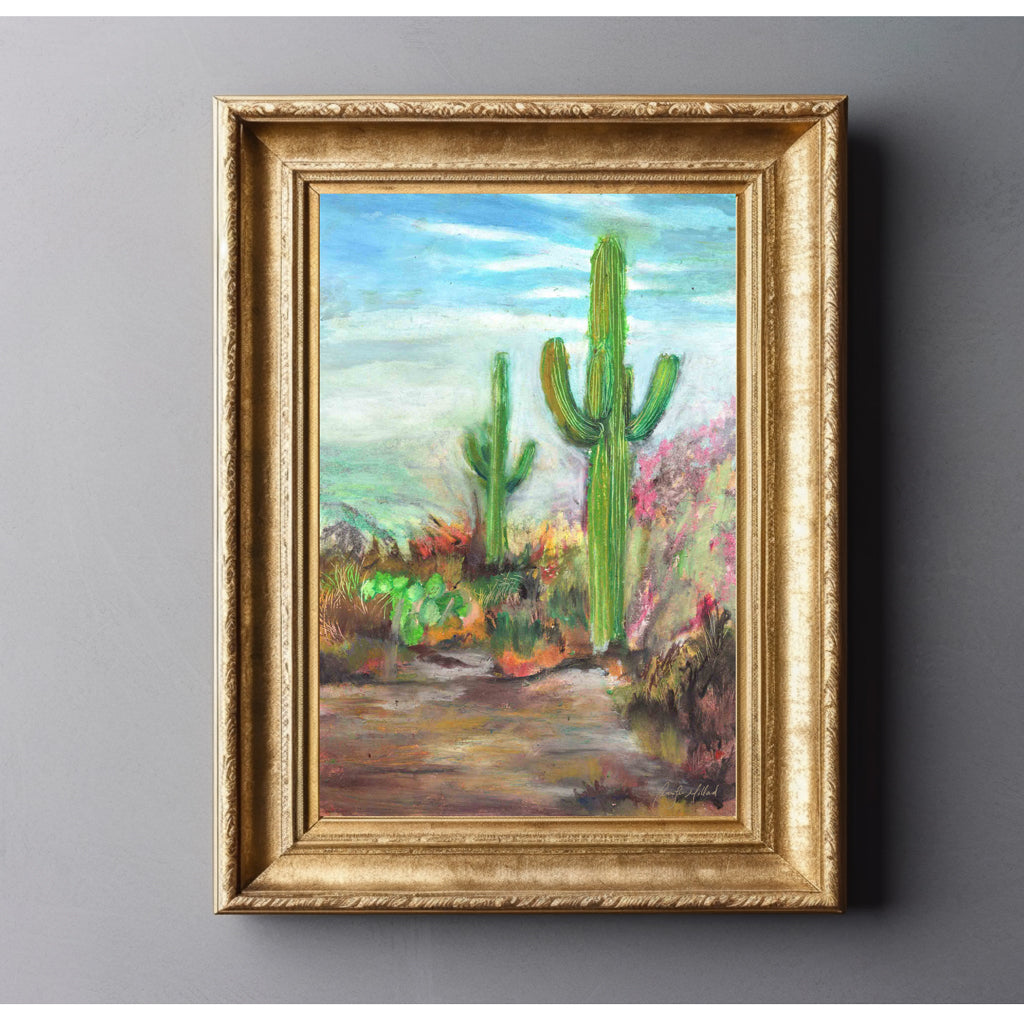 A fine art print of an oil pastel painting of cactus in the desert by Jennifer Millard.