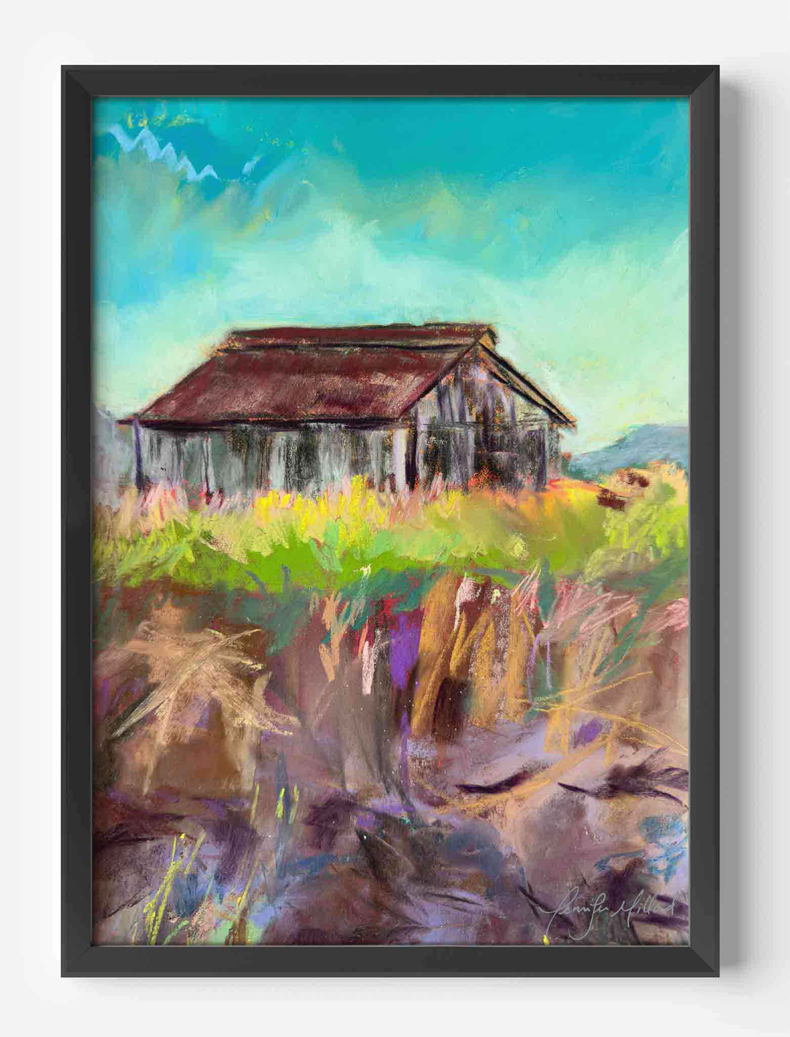 A giclee print of an old tobacco farm in a black frame.