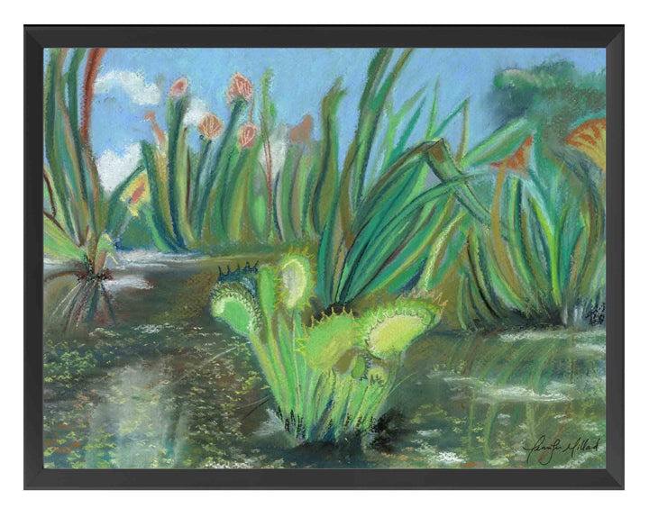 A print of a wetland fen with a venus fly trap surrounded by greenery and florals in a black frame.