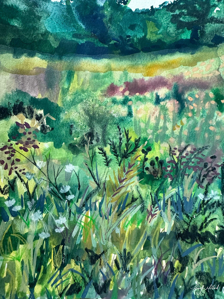 Giclee print of an abstract watercolor of a meadow in greens, whites and maroon colors.