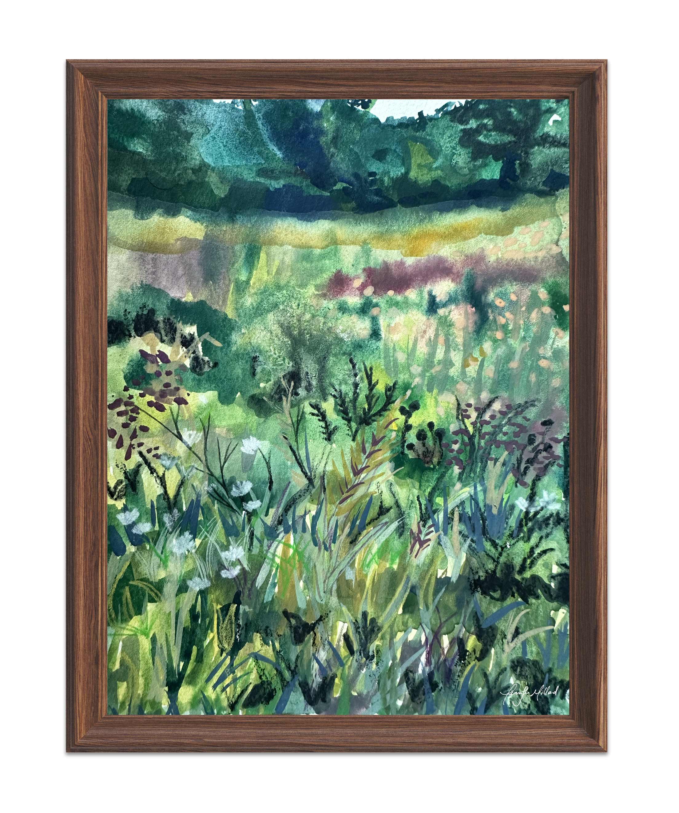 A giclee print of an abstract green and maroon meadow in a dark brown frame.