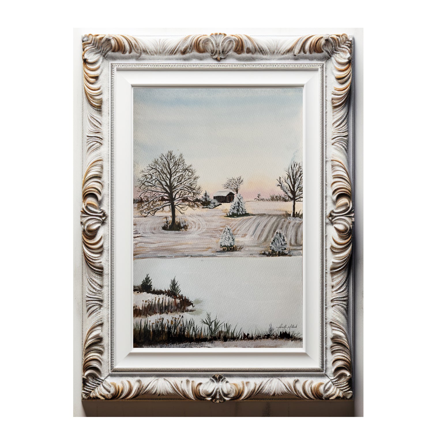 A giclee print of a Kentucky farm after the first snow with a glowing pink sky and snow-covered lake in an ornate white frame.